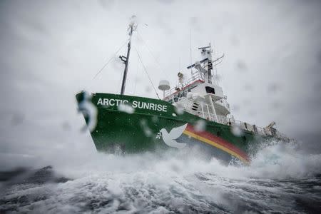 Greenpeace's Arctic Sunrise ship sails during a protest in the Barents sea, Norway, July 21, 2017. Will Rose/Greenpeace/Handout via Reuters