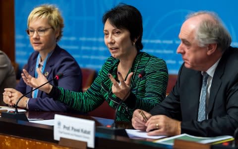 Oksana Tarasova, left, Chief, Atmospheric Environment Research Division, Elena Manaenkova, center, WMO Deputy Secretary-General and Pavel Kabat, right, WMO Chief Scientist and Research Director, speak about the release of WMO Greenhouse Gas Bulletin - Credit:  Martial Trezzini/ Keystone