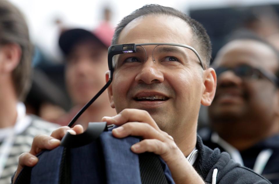 Developer Jesus Suarez wears Google Glass glasses in 2019 during the Google I/O conference in Mountain View, Calif.