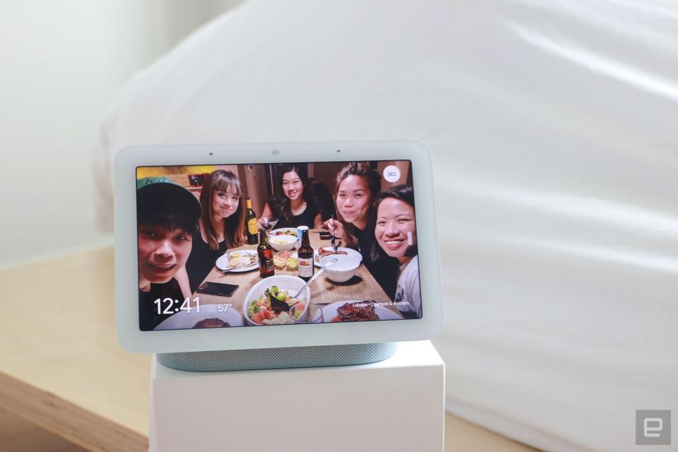 <p>Google Nest Hub 2021 (2nd gen) photo. Picture of Google's newest smart display on a box next to a bed.</p>
