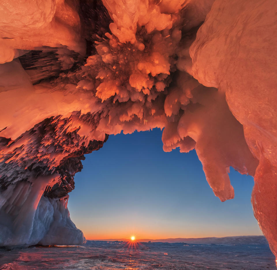 <p>As the icy sheets of the glaciers reflect the early morning sun’s rays. (Caters News) </p>