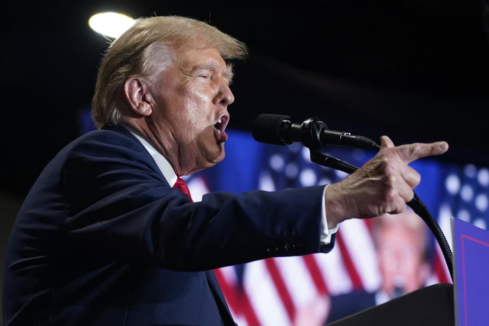 Republican presidential candidate former President Donald Trump speaks at a campaign rally Saturday, March 2, 2024, in Richmond, Va. (AP Photo/Steve Helber)