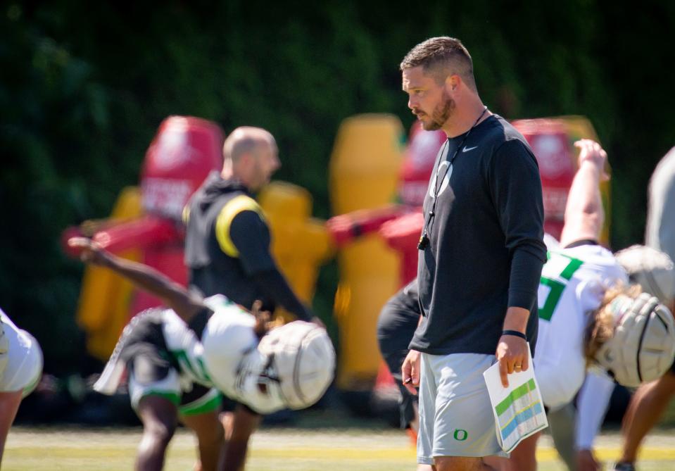 Oregon head coach Dan Lanning leads practice Tuesday, Aug. 9, 2022, in the second week of fall camp in Eugene, Ore. 