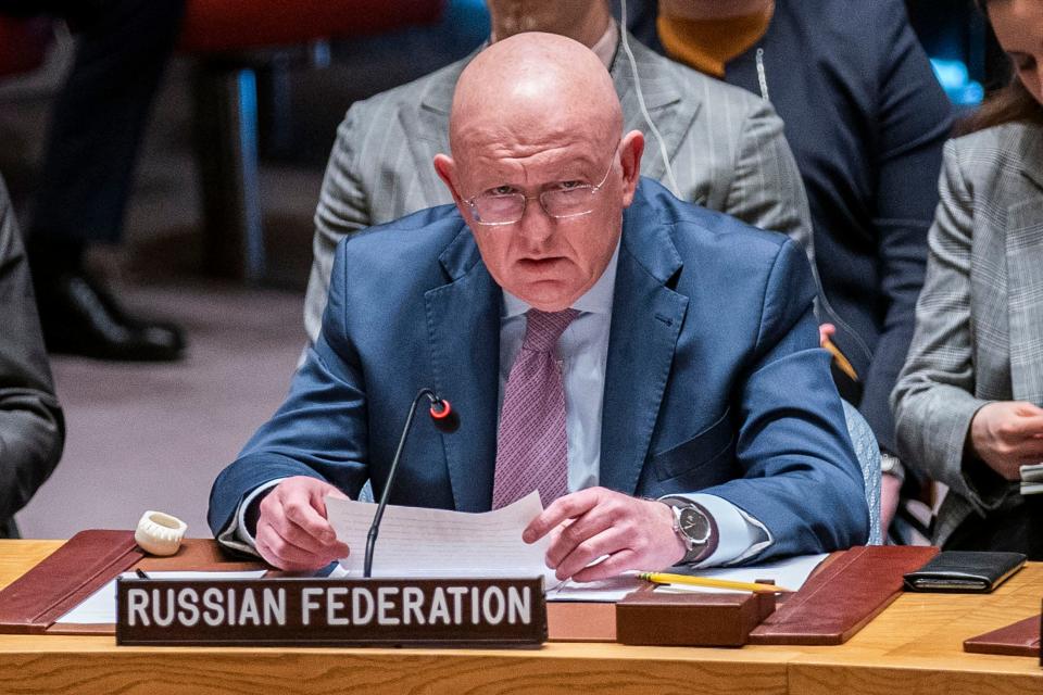 Ambassador Vassily Nebenzia speaks to delegates during a Security Council meeting on June 6.
