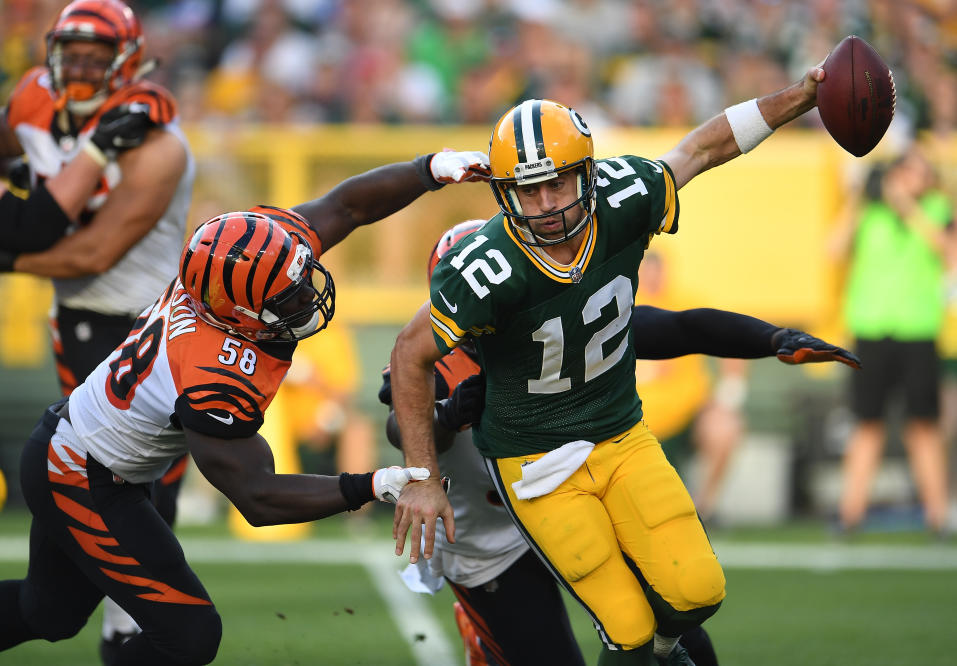 Quarterback Aaron Rodgers of the Green Bay Packers looks skyward