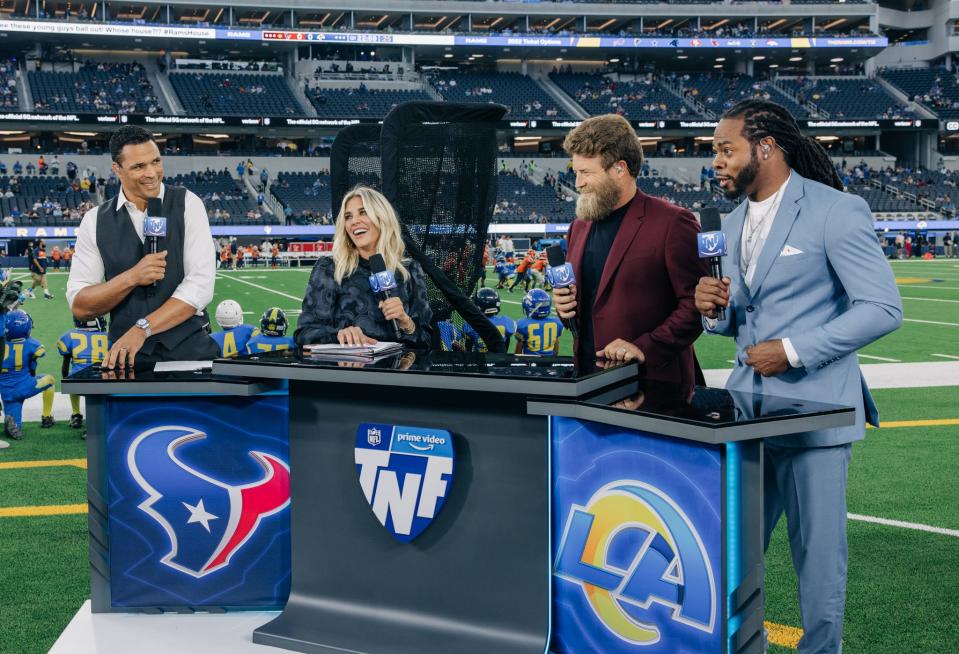 Amazon "Thursday Night Football" hosts Tony Gonzalez, Charissa Thompson, Ryan Fitzpatrick, and Richard Sherman during a dress rehearsal.