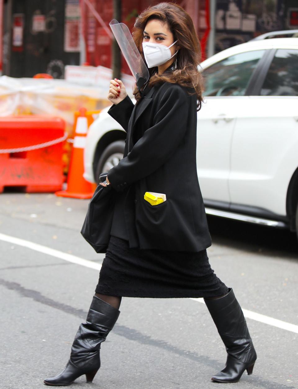 <p>Vanessa Hudgens arrives at the set of <i>Tick, Tick...BOOM</i> in N.Y.C.’s East Village neighborhood on Saturday. </p>