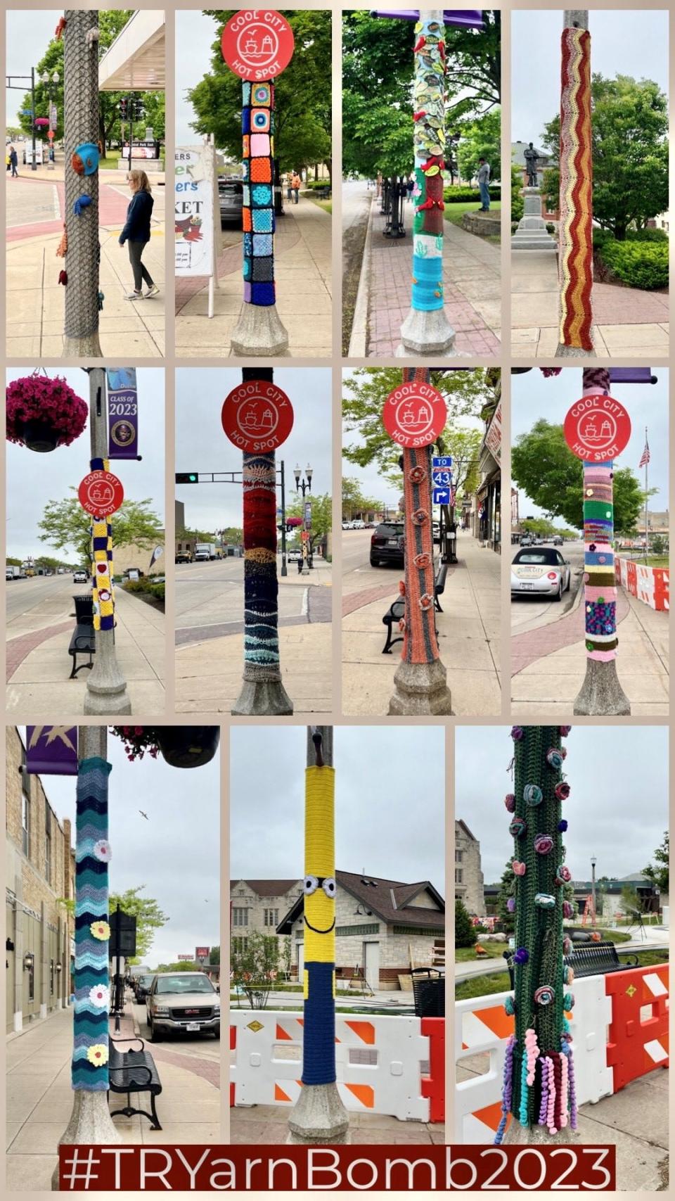 ‘Yarn bomb’ work done on light posts in downtown Two Rivers.
