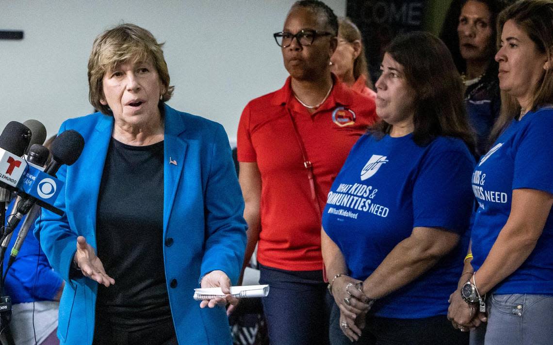 Tamarac, Florida, September 21, 2022 - Randi Weingarten, left, President of the American Federation of Teachers, speaks to reporters during a press conference at the Broward Teachers Union offices in Tamarac, Broward County.