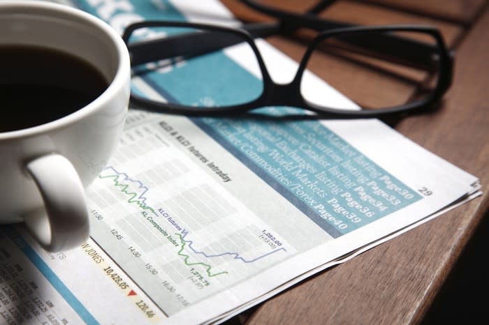 Coffee and glasses over a financial newspaper.
