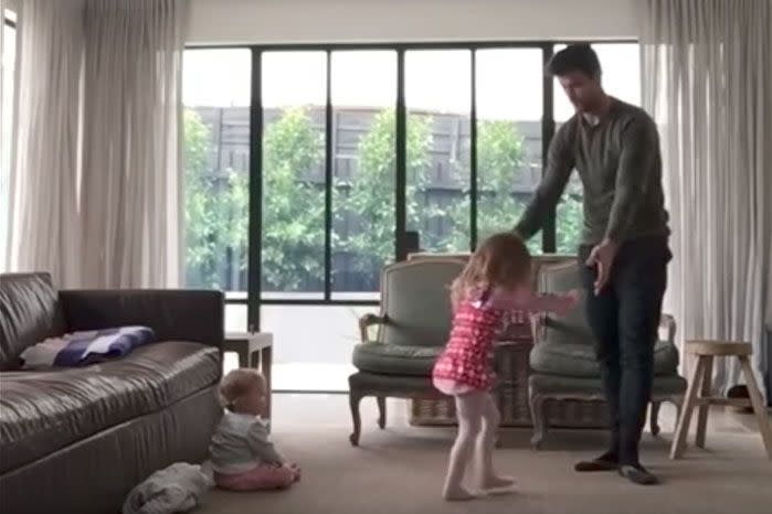 Trent Cotchin and his daughter Harper take part in an adorable dance routine in their lounge room. Source: Instagram