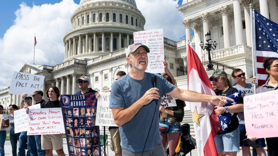 UNITED STATES - AUGUST 1: Comedian and activist Jon Stewart speaks during a rally to call on the Senate to pass the Pact Act on Monday, August 1, 2022. The Pact Act would expand benefits for veterans due to toxic exposure, including to burn pits, they experienced while deployed. (Bill Clark/CQ-Roll Call, Inc via Getty Images)