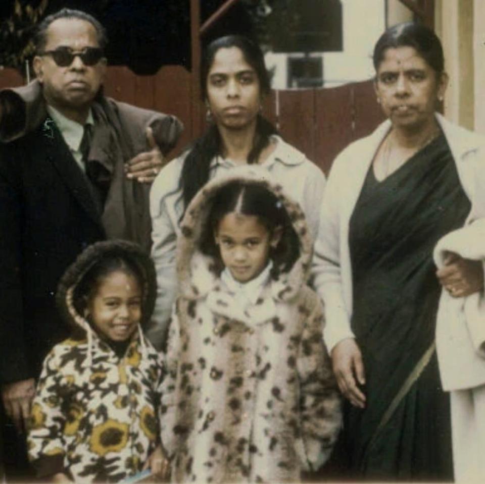 Kamala Harris with her mother Shyamala, centre, her sister Maya, bottom left, and her maternal grandparents, PV and Rajam Gopalan, in 1972