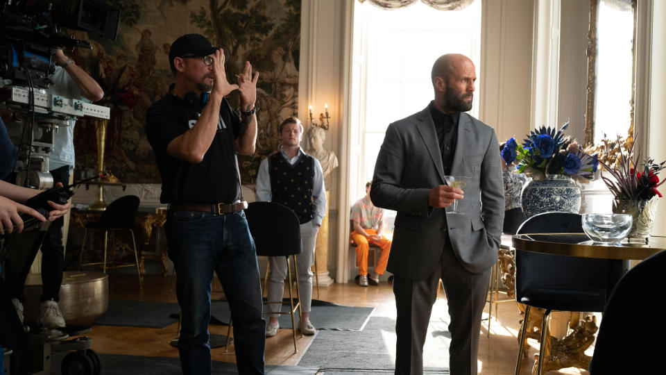 David Ayer and Jason Statham on the set of The Beekeeper. (Sky Cinema/Amazon MGM Studios)