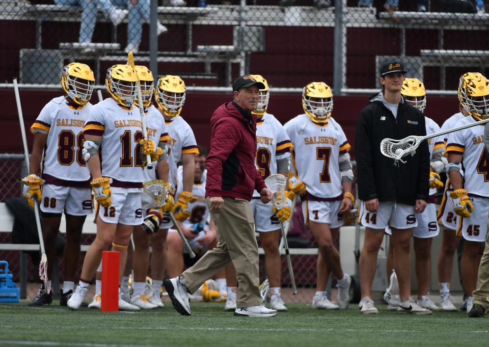 Salisbury University Men's Lacrosse Head Coach Jim Berkman during their 17-11 home win over Grove City on Feb. 10, 2024.