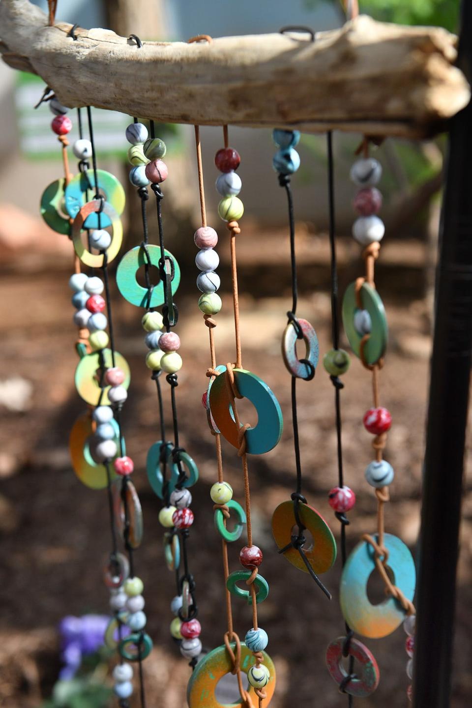 A wind chime made partially from natural materials is an element of the sensory garden created by Eagle Scout Rachel Spadin at River Bend Nature Center in Wichita Falls, Texas.