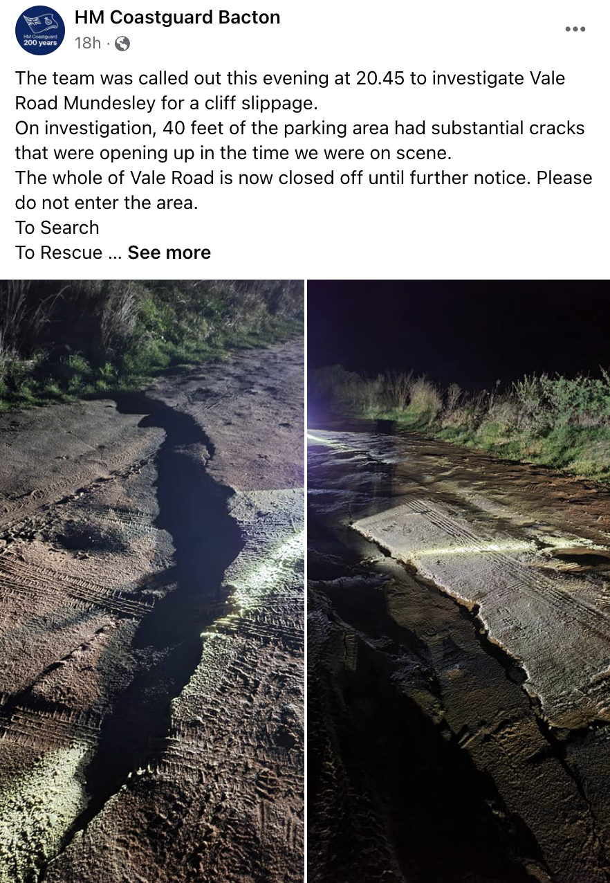 The coastguard said the cracks were continuing to open while its team was at the scene. (Facebook/HM Coastguard Bacton)