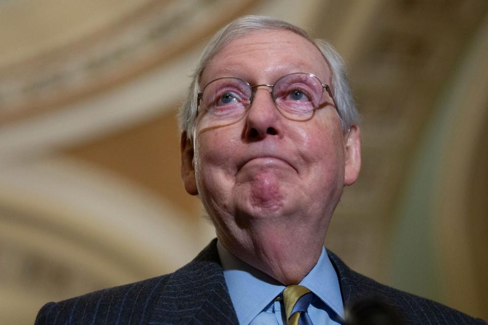 Mandatory Credit: Photo by Shutterstock (10525945t)United States Senate Majority Leader Mitch McConnell (Republican of Kentucky) speaks to members of the media following policy luncheons at the United States Capitol in Washington DC.