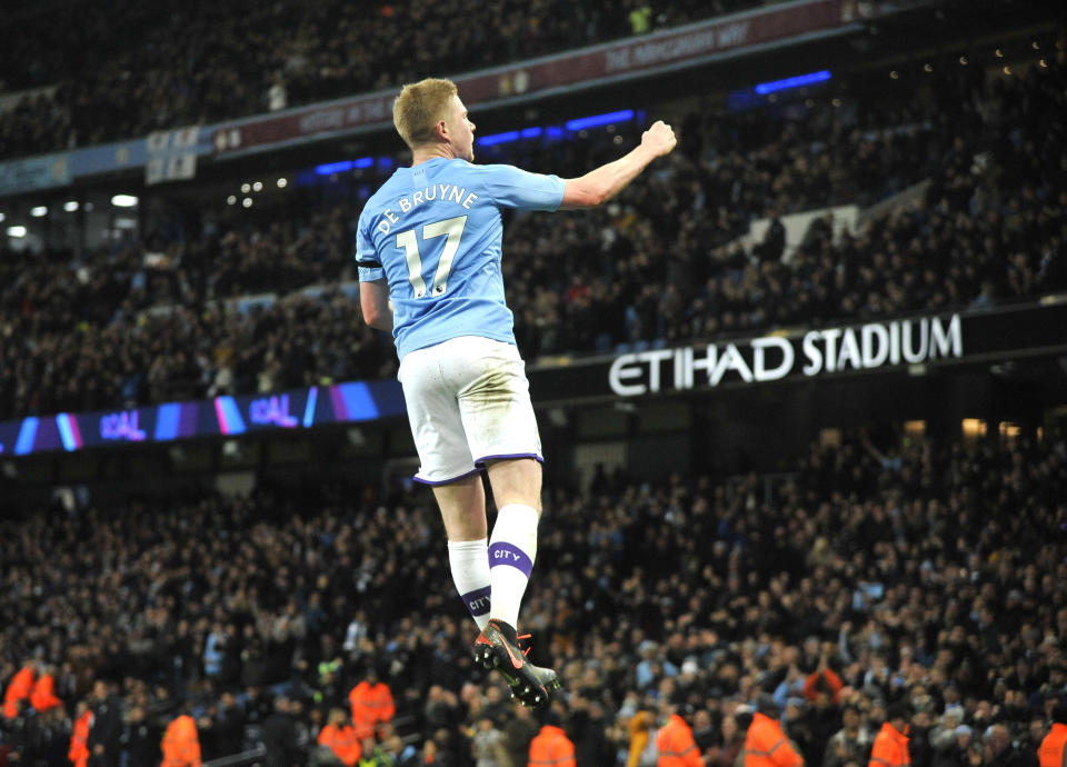 Manchester City's Kevin De Bruyne celebrates after scoring his side's second goal during the English Premier League soccer match between Manchester City and Sheffield United at Etihad stadium in Manchester, England, Sunday, Dec. 29, 2019. (AP Photo/Rui Vieira)