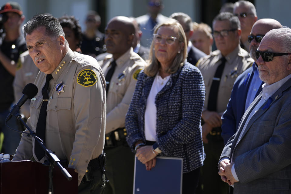 Los Angeles County Sheriff Robert Luna fields a question during a press to announce an arrest in the ambush killing of sheriff's deputy Ryan Clinkunbroomer Monday, Sept. 18, 2023, in Palmdale, Calif. Clinkunbroomer was shot and killed while sitting in his patrol car Saturday evening in Palmdale.(AP Photo/Marcio Jose Sanchez)