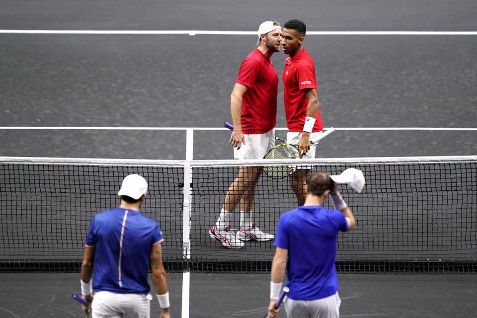 Jack Sock and Felix Auger Aliassime celebrate victory for Team World (John Walton/PA) (PA Wire)