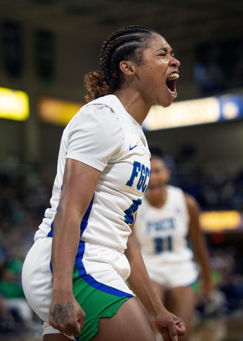 Tishara Morehouse of FGCU celebrates making a shot and getting fouled against Liberty in the ASUN Women's Basketball Championship on Saturday, March 11, 2023, at Florida Gulf Coast University.