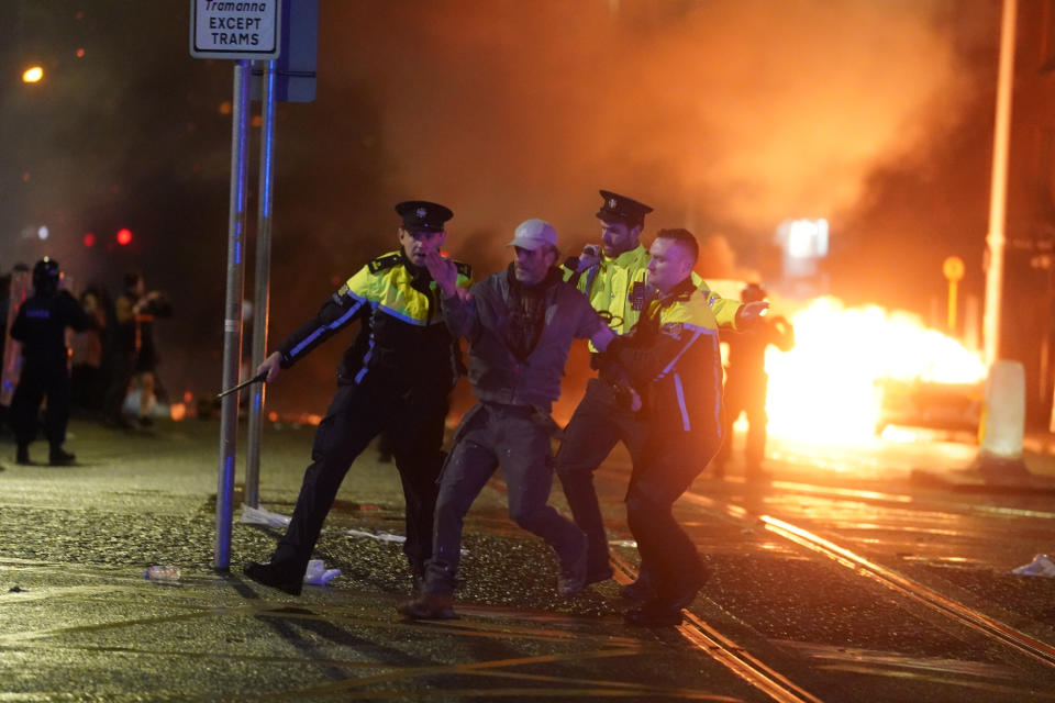 An Garda Siochana at the scene in Dublin city centre after five people were injured in an attack, including three young children. Violent scenes have unfolded close to the site of the attack in Dublin city centre as crowds of protesters gathered. Picture date: Thursday November 23, 2023. (Photo by Brian Lawless/PA Images via Getty Images)