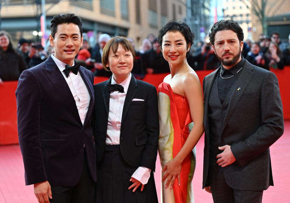 From left, Teo Yoo, writer-director Celine Song, Greta Lee and John Magaro in February 2023 at a film festival in Berlin.
