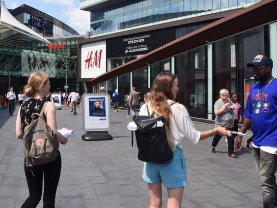 Members of Big Brother Watch hand out leaflets during a Met police trial of facial recognition in east London in July (Sian Berry)