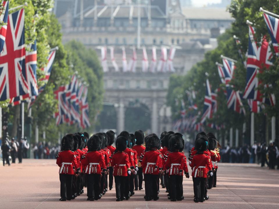 Members of the Household Division at the Queen's Birthday Parade, 'Trooping the Colour', in London in 2018.