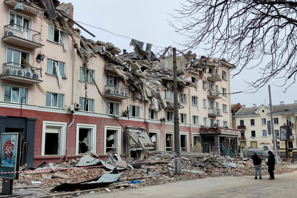 An external view shows hotel ‘Ukraine’ destroyed during an air strike, as Russia's attack on Ukraine continues, in central Chernihiv, Ukraine March 12, 2022. REUTERS/Oleh Holovatenko     TPX IMAGES OF THE DAY