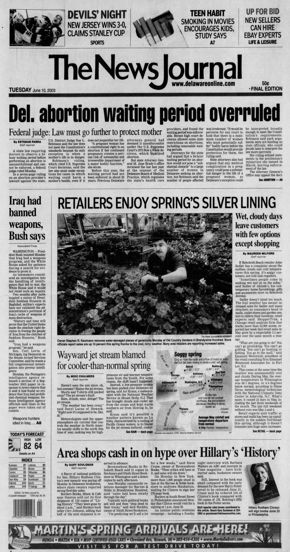 Front page of The News Journal from June 10, 2003.