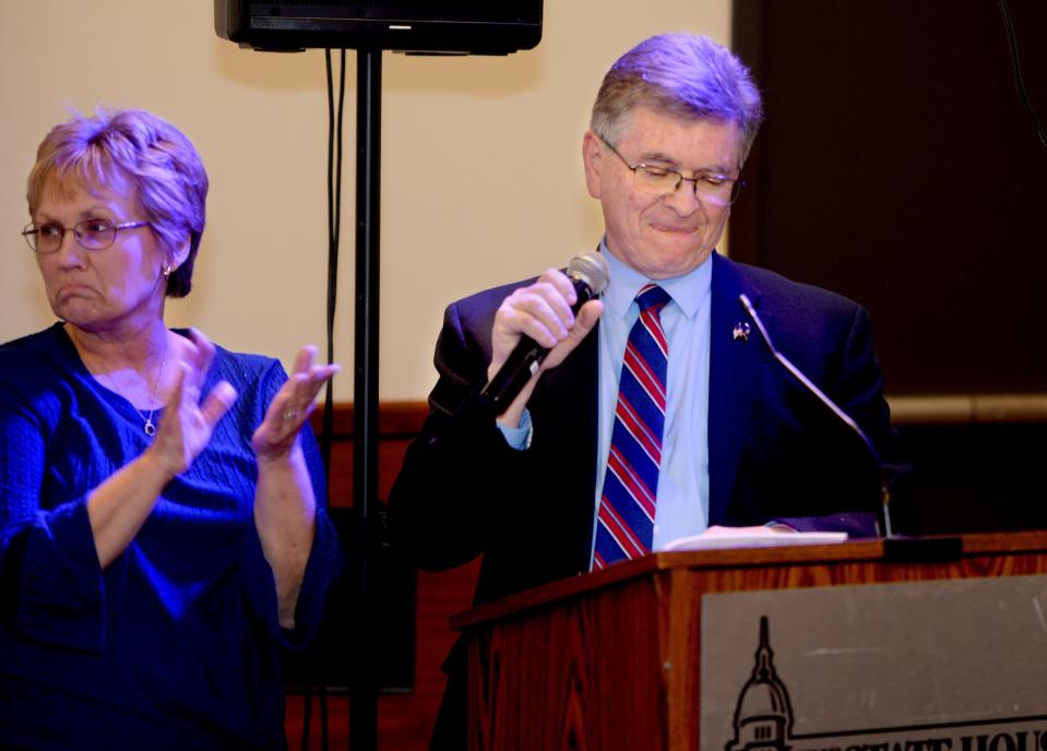 Springfield Mayor James Langfelder concedes the election with his wife Billie by his side at the State House Inn Tuesday, April 4, 2023.