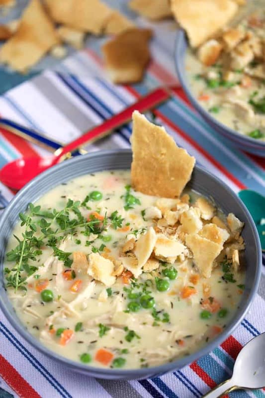 <p>Spend With Pennies</p><p>Juicy bites of chicken and lots of veggies come together with a creamy sauce topped with fluffy biscuits to make a perfect fall lazy dinner. </p><p><strong>Get the recipe: <a href="https://www.spendwithpennies.com/crock-pot-chicken-pot-pie/" rel="nofollow noopener" target="_blank" data-ylk="slk:Crock Pot Chicken Pot Pie Soup;elm:context_link;itc:0;sec:content-canvas" class="link rapid-noclick-resp">Crock Pot Chicken Pot Pie Soup</a></strong></p>