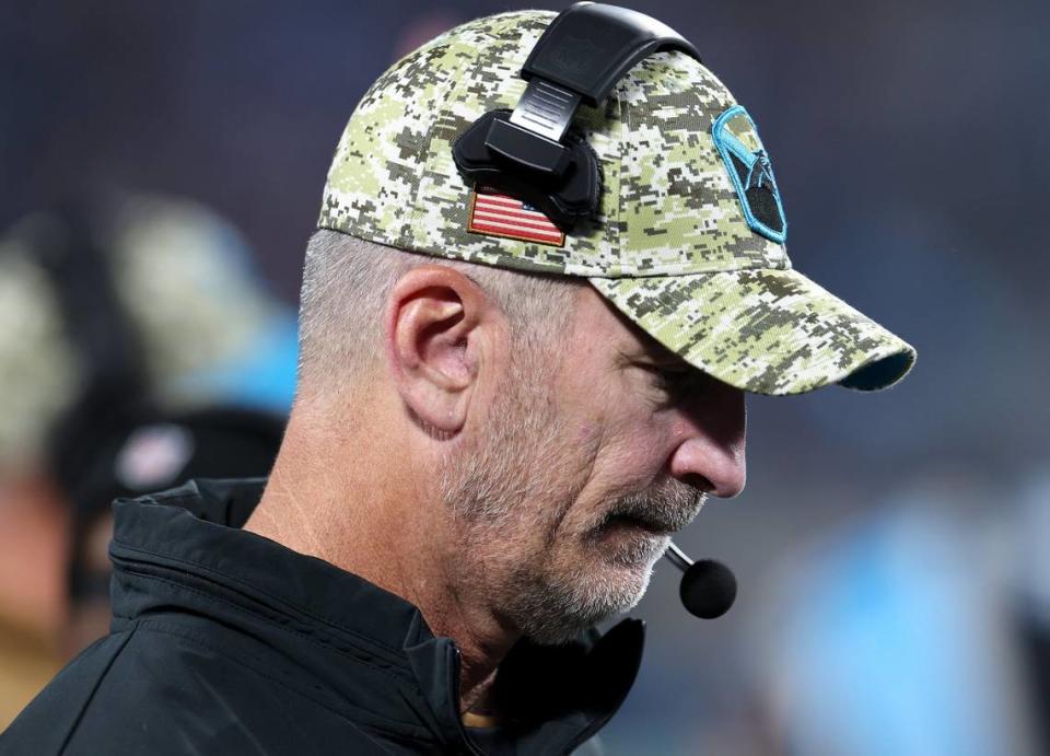 Carolina Panthers head coach Frank Reich walks down the team’s sideline following a failed series against the Indianapolis Colts during fourth-quarter action on Sunday, November 5, 2023 at Bank of America Stadium in Charlotte, NC. The Colts defeated the Panthers 27-13.