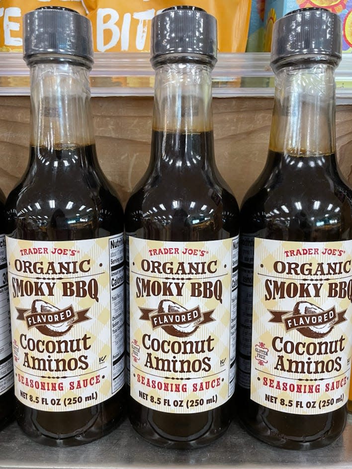 bottles of trader joe's organic smoky bbq flavored coconut aminos