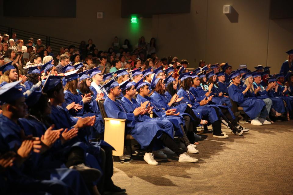 Perry High School seniors are recognized during the Senior Awards Assembly on Wednesday, May 17, 2023, at Perry Performing Arts Center.