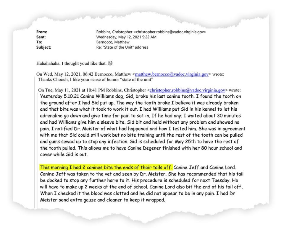 An email reads in part, "This morning I had 2 canines bite the ends of their tails off. Canine Jeff and Canine Lord."