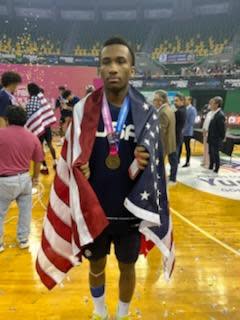 CVCA standout Darryn Peterson poses with his gold medal and the American flag after helping Team USA win the U16 FIBA Americas champsionships.