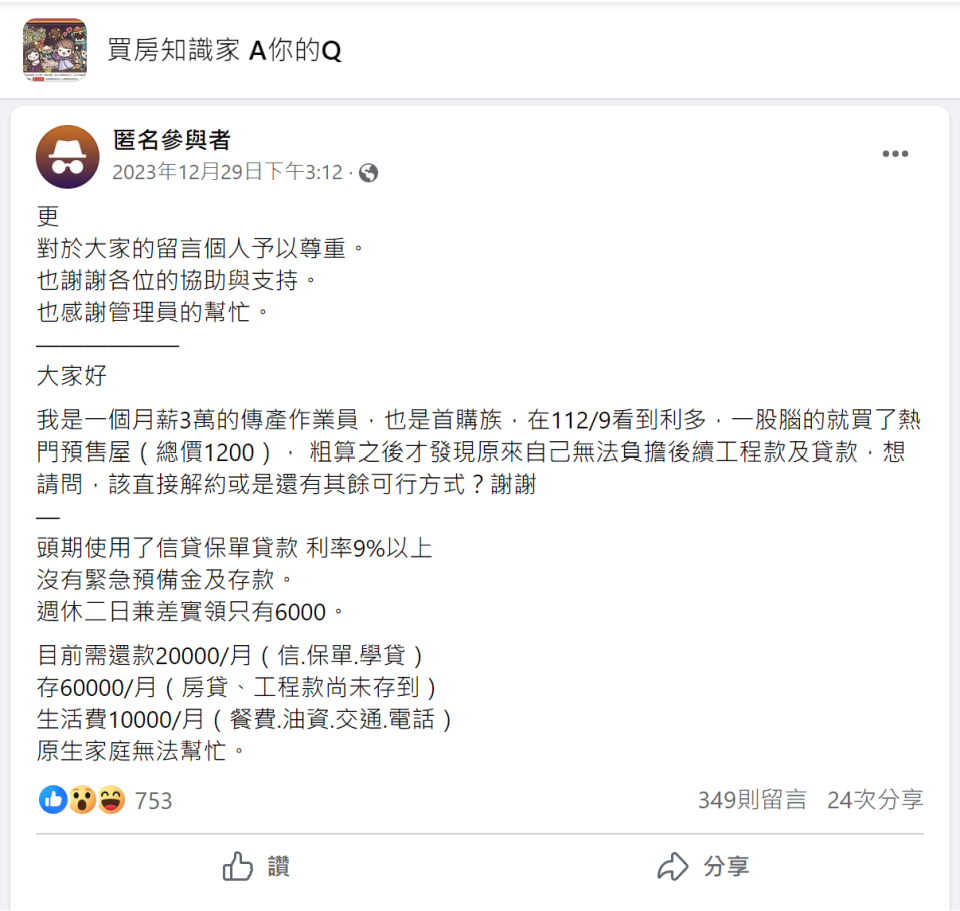 一名網友在臉書社團「買房知識家 A你的Q」中發文，自稱是月薪3萬元的傳產作業員，去年9月利用信貸和保單貸款湊頭期款，買下總價1200萬元的預售屋，事後發現無法負擔。翻攝臉書買房知識家 A你的Q