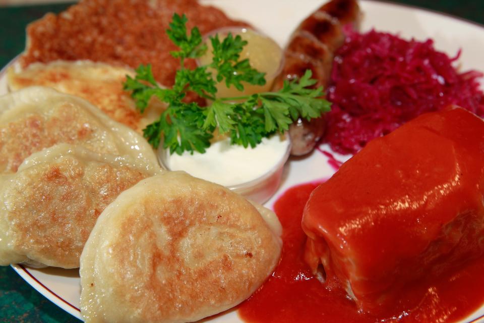 The Polish plate at Polonez restaurant featured potato pancake, pierogi, stuffed cabbage roll in tomato sauce, Polish sausage and red cabbage.