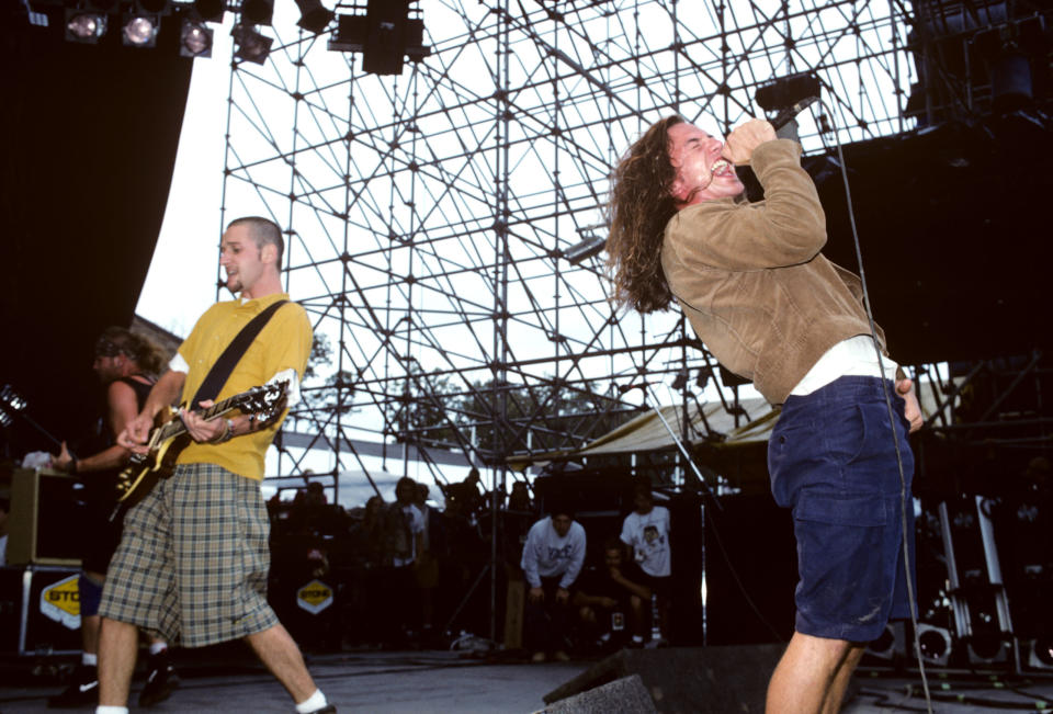 Eddie Vedder and Stone Gossard of Pearl Jam at Lollapalooza at Montage Mountain, Pennsylvania on August 15, 1992. (Credit: Ebet Roberts/Redferns)