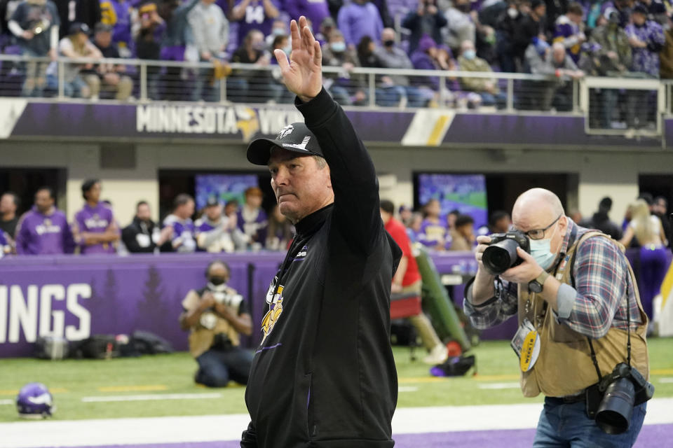 Minnesota Vikings head coach Mike Zimmer walks off the field after an NFL football game against the Chicago Bears, Sunday, Jan. 9, 2022, in Minneapolis. The Vikings won 31-17. (AP Photo/Jim Mone)