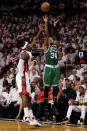 MIAMI, FL - JUNE 09: Paul Pierce #34 of the Boston Celtics shoots over LeBron James #6 of the Miami Heat in the first half in Game Seven of the Eastern Conference Finals in the 2012 NBA Playoffs on June 9, 2012 at American Airlines Arena in Miami, Florida. (Photo by Mike Ehrmann/Getty Images)
