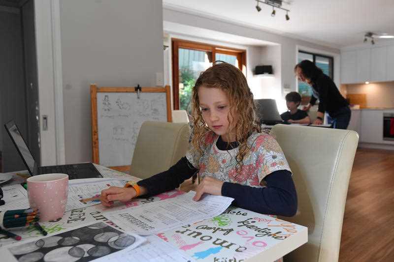 Georgina Coase home schools her daughter Emily (7 yrs) and son Samuel (9 yrs) in Stanwell Park, Wollongong