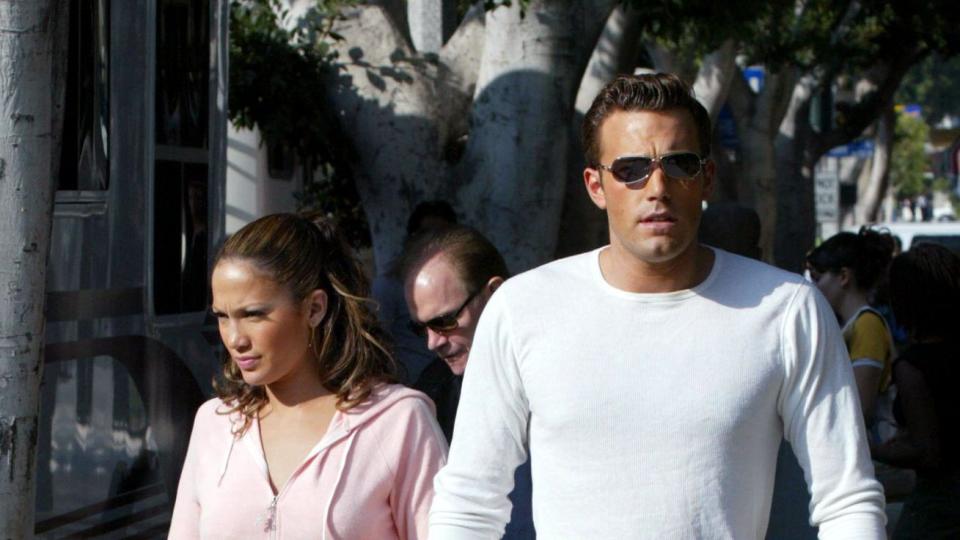 Jennifer Lopez and actor Ben Affleck hold hands while filming her music video in Beverly Hills, California