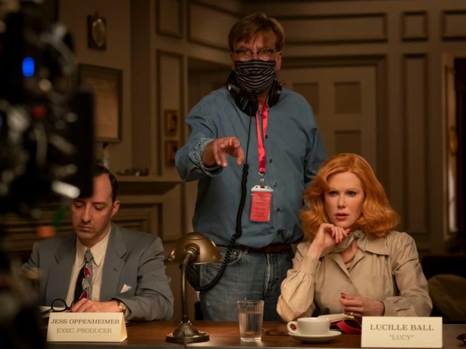 Sorkin (centre) with Tony Hale and Nicole Kidman on the set of &#x002018;Being the Ricardos&#x002019; (Glen Wilson/ 2021 Amazon Content Services LLC)