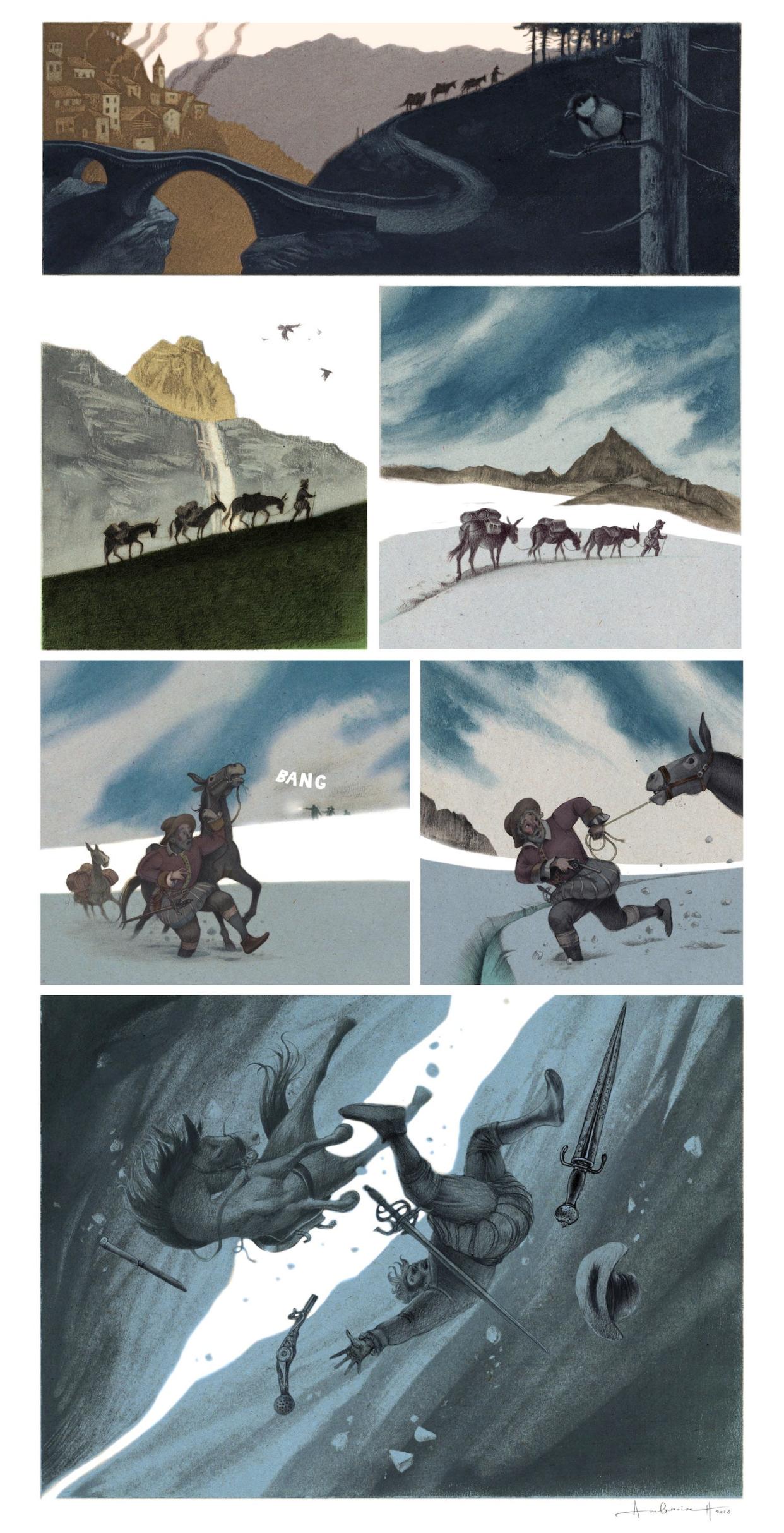 illustrated comic strip showing a man in medieval garb walking with a line of three mules out of a town, up a mountain, and onto a glacier, then falling into a giant crevasse, in six panels