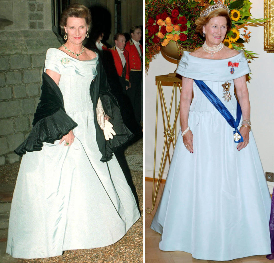 1997 reiste Königin Sonja nach Großbritannien, um den 50. Hochzeitstag von Queen Elizabeth und Prinz Philip zu feiern. Dazu trug sie ein hellblaues und stark tailliertes Ballkleid. Genau in dieser Robe trat sie nun, knapp 20 Jahre später, bei einem Gala-Dinner mit dem finnischen Präsidenten wieder auf. Respekt, dass das Kleid immer noch passt!