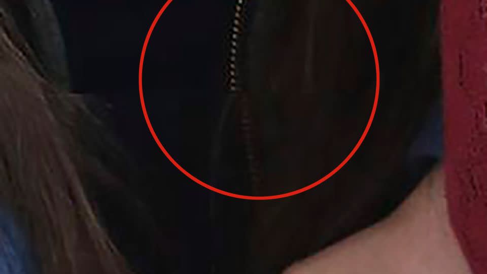 This area on the jacket of Catherine, Princess of Wales, appears to show a misaligned break along the zipper. - Kensington Palace